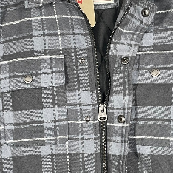 Levi's Quilted Lined Snap Zip Flannel Shacket Mens Large L Gray Plaid Jacket - Picture 5 of 12